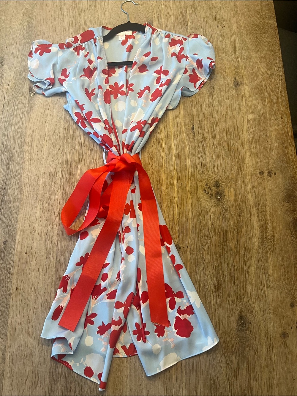 Oascar de la Renta (pink label) Light blue & Red Floral Wrap Dress w Ribbon Tie